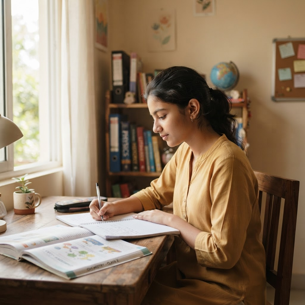 A student studying at home, focused on written work